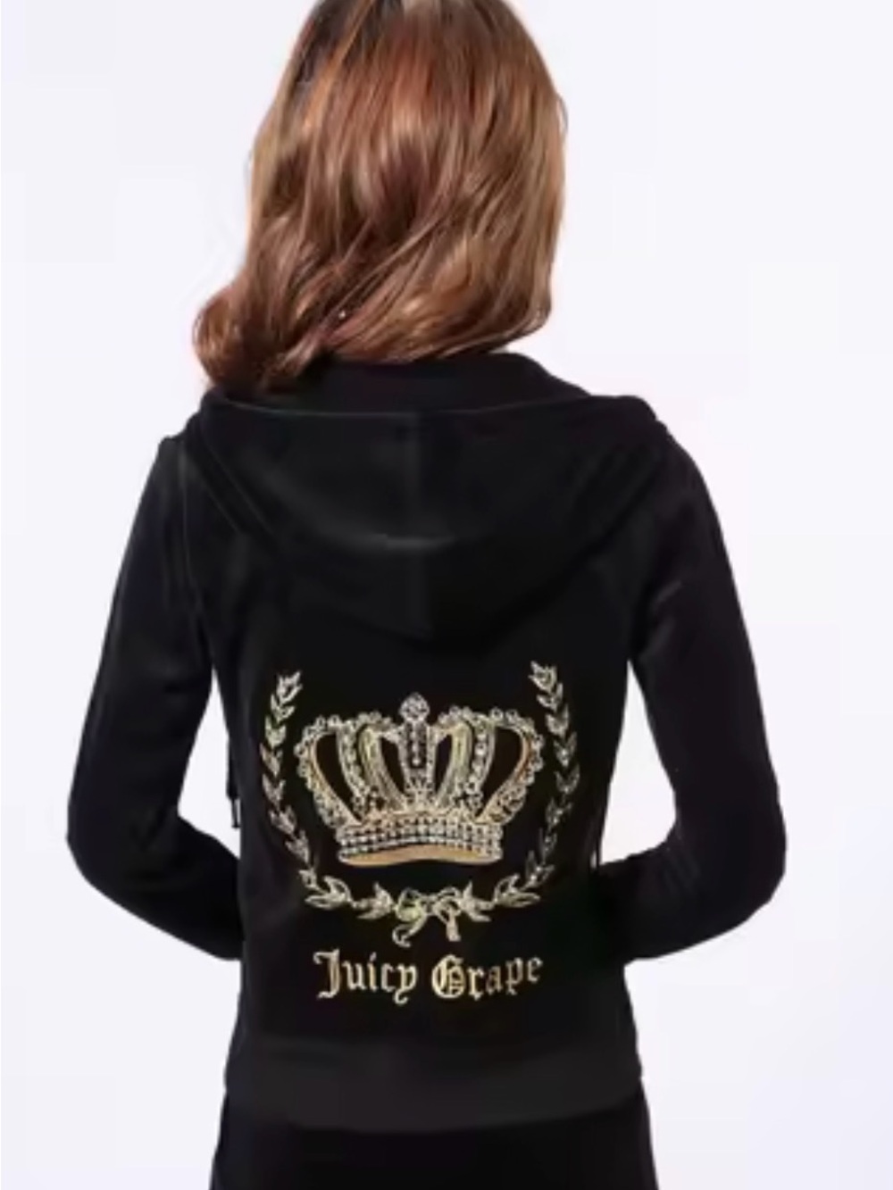 black velour Juicy Grape zip-up hoodie featuring a gold embroidered crown
